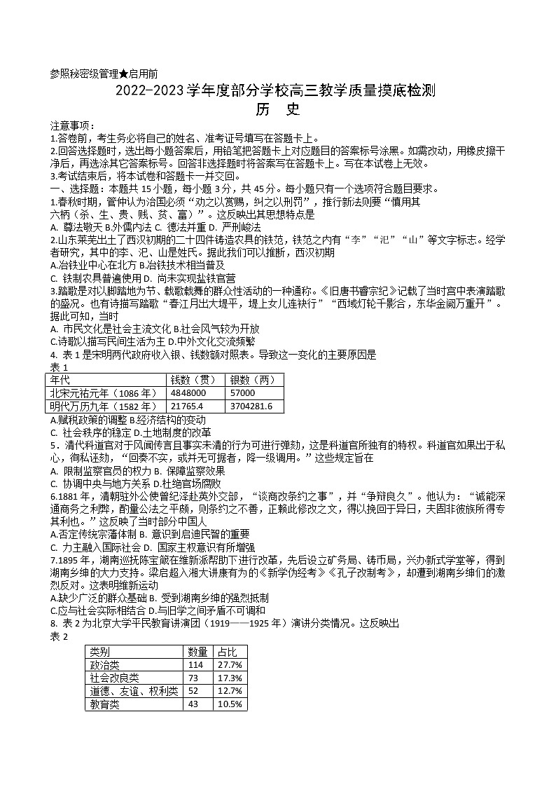 2023淄博部分学校高三上学期12月摸底考试历史含答案第1页