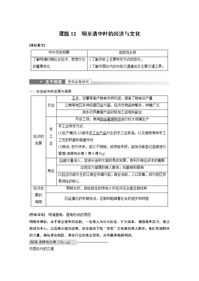 高中历史2023年高考历史一轮复习（部编版新高考） 第5讲 课题12　明至清中叶的经济与文化第1页
