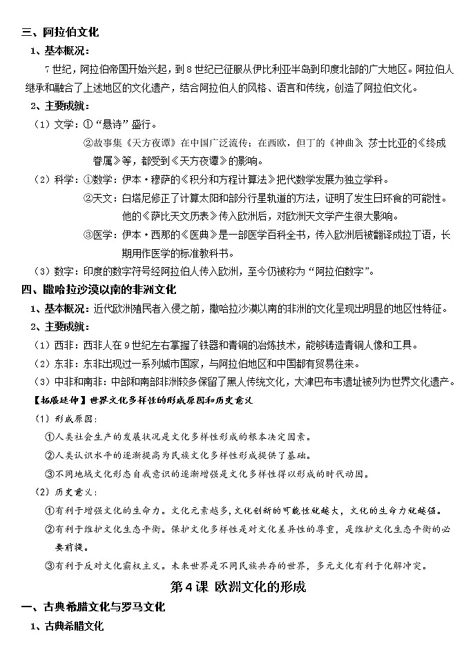 第二单元 丰富多样的世界文化 复习提纲--2021-2022学年高中历史统编版（2019）选择性必修三02