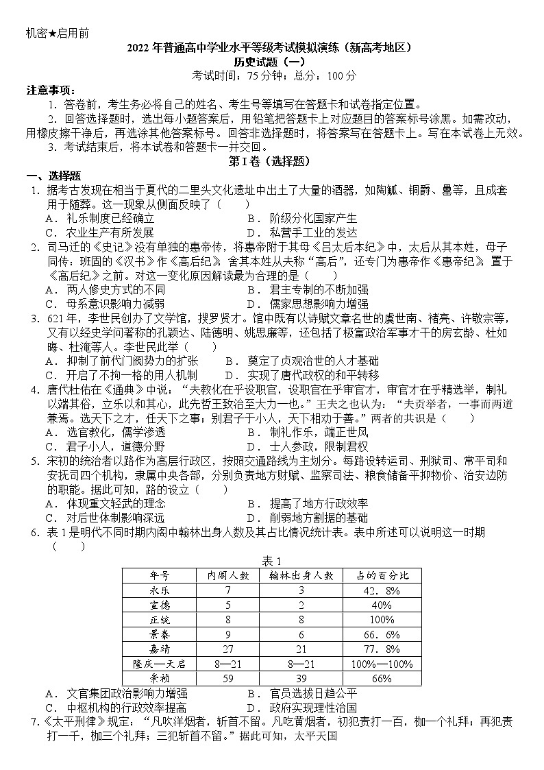 2023届普通高中学业水平等级考试模拟演练（新高考地区）历史试题（一）01