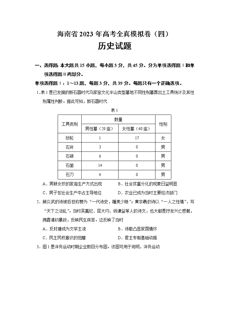 2023届海南省高考全真模拟卷（四）历史试题第1页