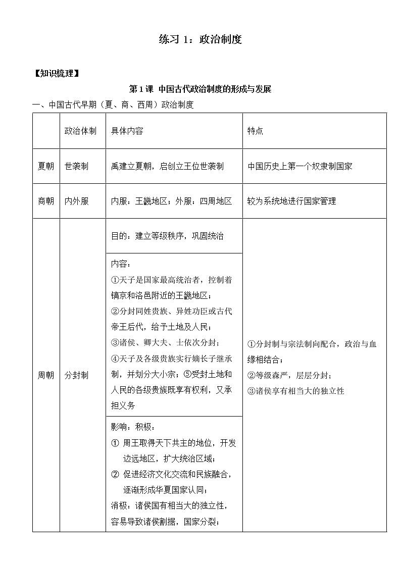 第一单元政治制度 寒假巩固练习--2022-2023学年高二历史统编版（2019）选择性必修一第1页