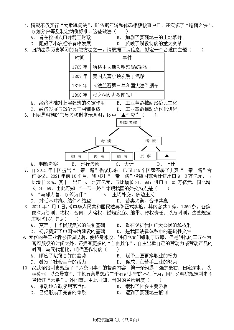 山东省枣庄市第三中学2022-2023学年高二上学期期末模拟历史试题02