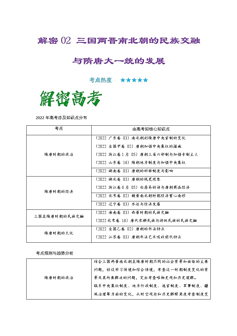 2023年高考历史二轮复习教案（统编版）专题02三国两晋南北朝的民族交融与隋唐大一统的发展01