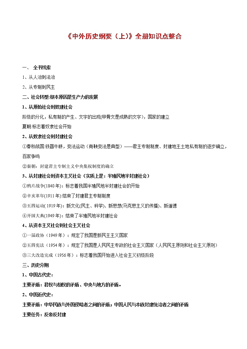高中历史第一单元　从中华文明起源到秦汉统一多民族封建国家的建立与巩固-知识梳理（中外历史纲要上）【新教材适用】第1页