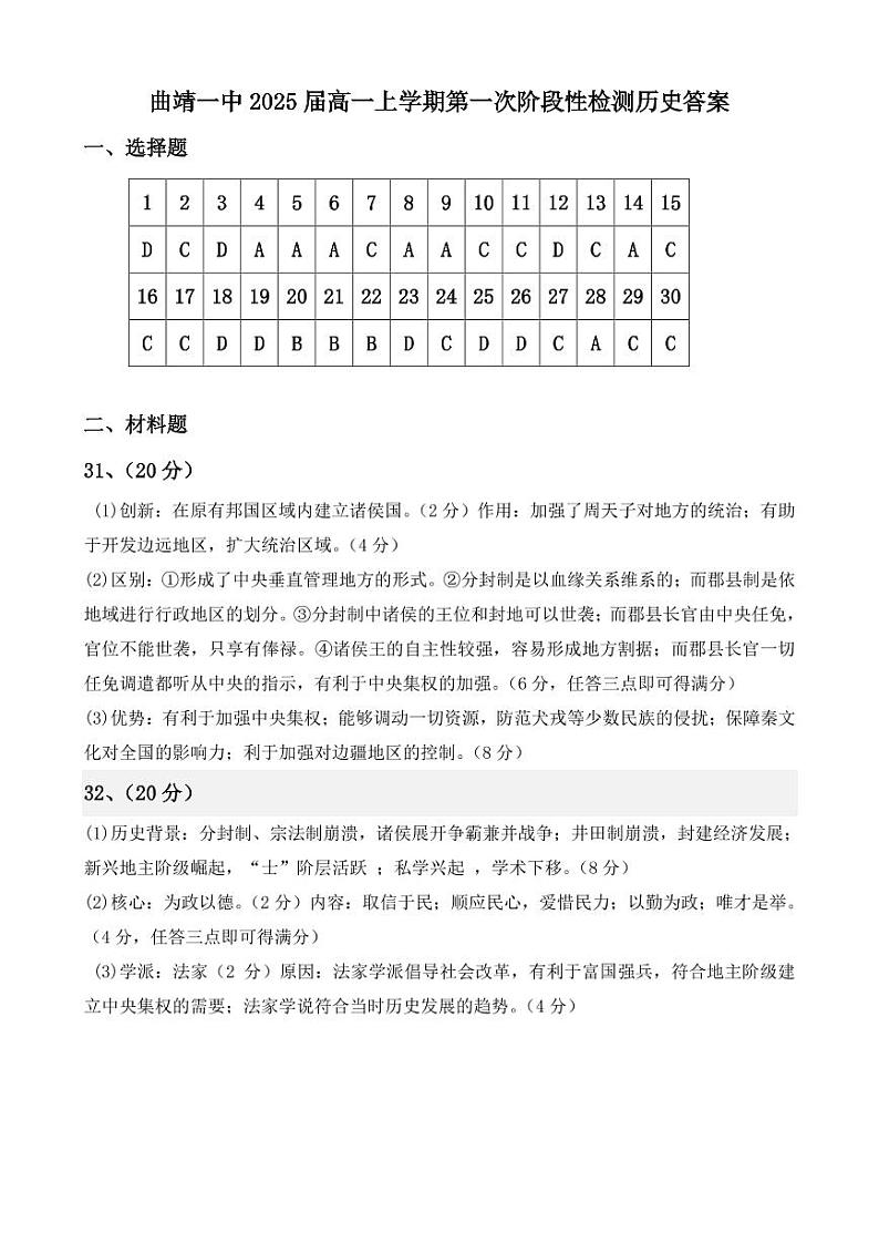 云南省曲靖市第一中学2022-2023学年高一上学期第一次月考历史试卷01