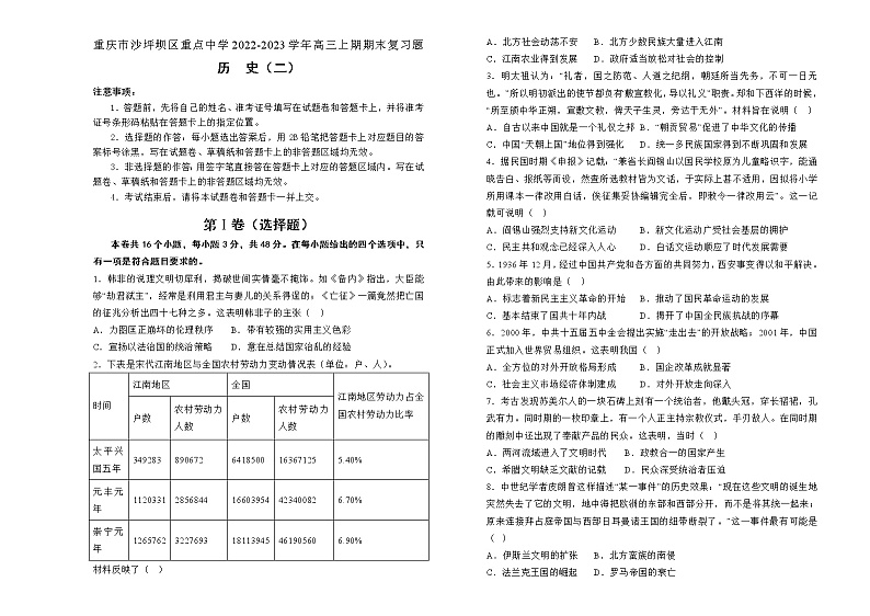 2023重庆沙坪坝区重点中学高三上学期期末复习题（二）历史试题含解析第1页