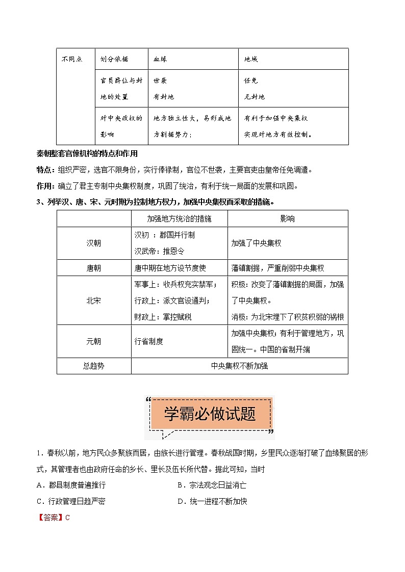 高中历史考点02 古代中国的地方行政制度-备战2022年高考历史学霸纠错第3页