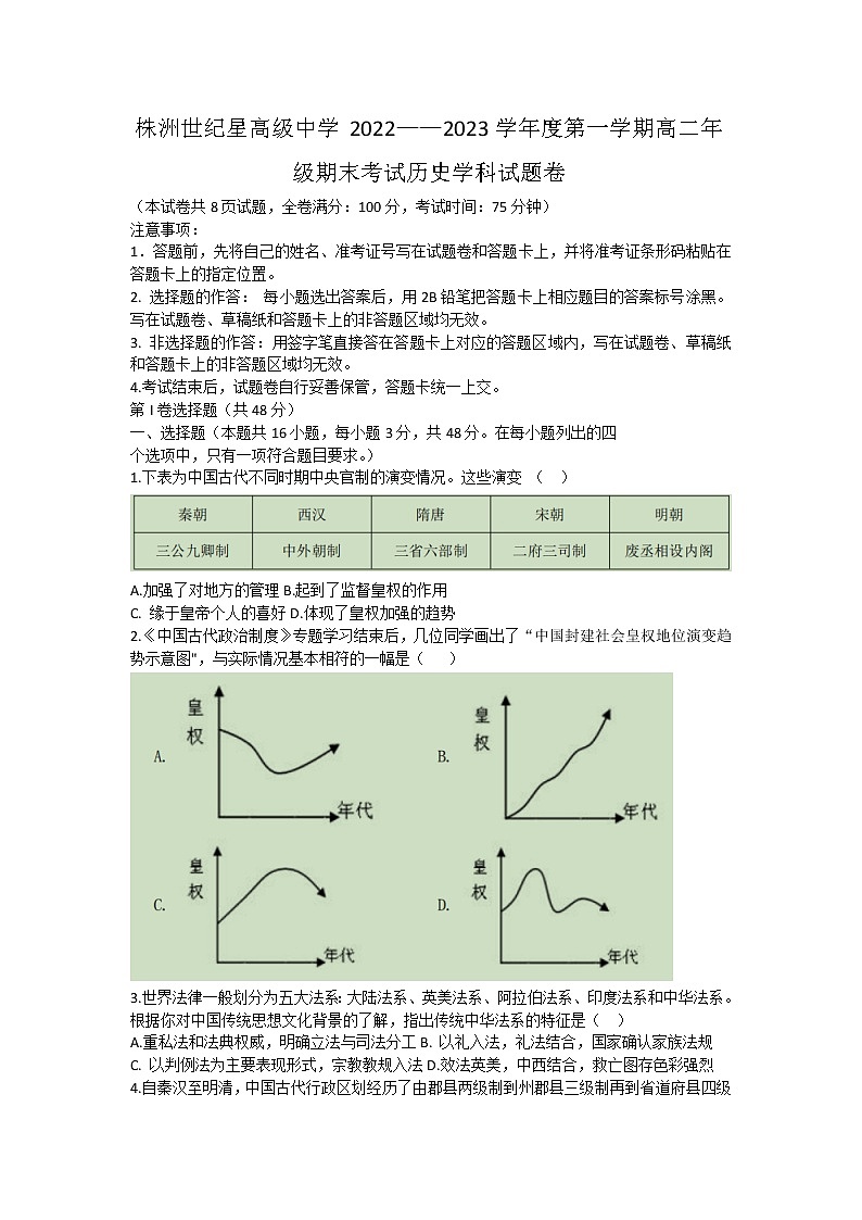 湖南省株洲世纪星高级中学2022-2023学年高二上学期期末考试历史试题01