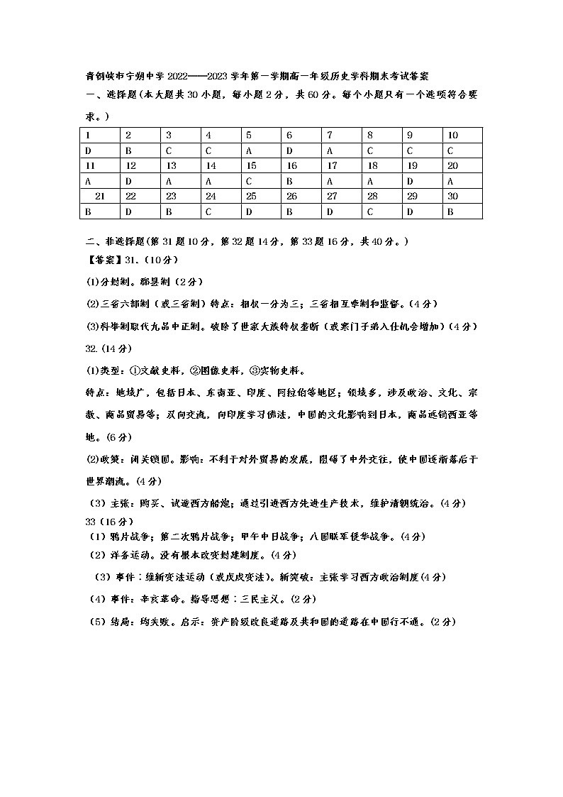 宁夏青铜峡市宁朔中学2022-2023学年高一上学期线上期末考试历史试题01