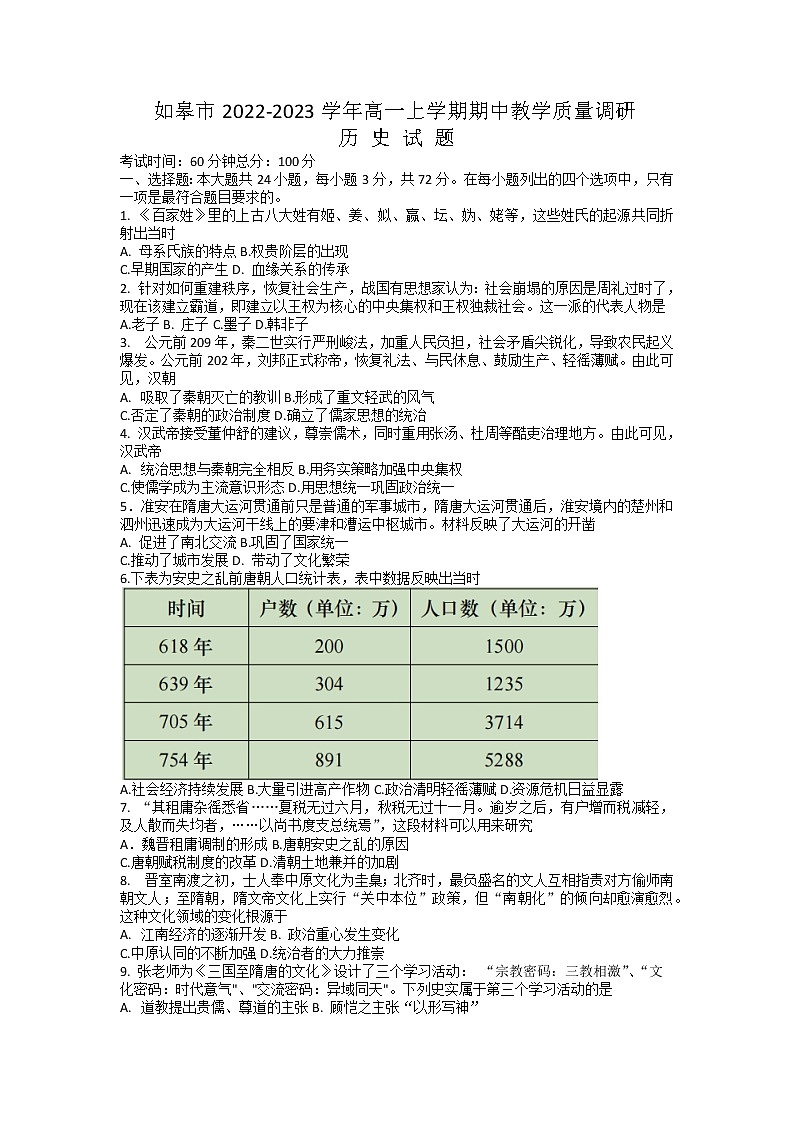 2022-2023学年江苏省如皋市高一上学期期中教学质量调研历史试题（Word版含答案）第1页