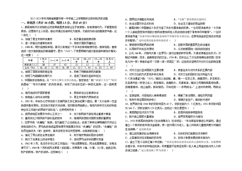 2022-2023学年河南省鹤壁市第一中学高二上学期期末达标训练历史试题（Word版）第1页