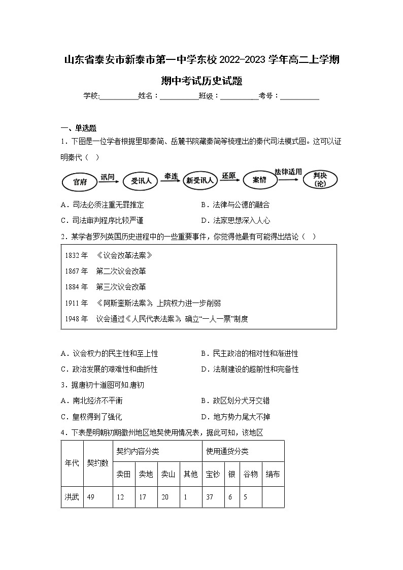 2022-2023学年山东省泰安市新泰市第一中学东校高二上学期期中考试历史试题 解析版第1页