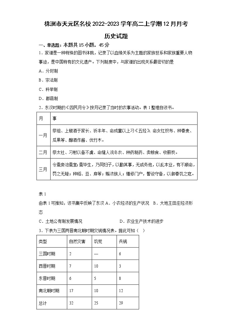 湖南省株洲市天元区名校2022-2023学年高二上学期12月月考历史试题（含答案）01