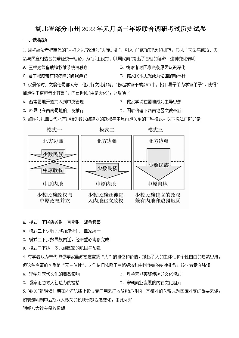 湖北省部分市州2022届高三1月期末联合调研考试历史试题  第1页