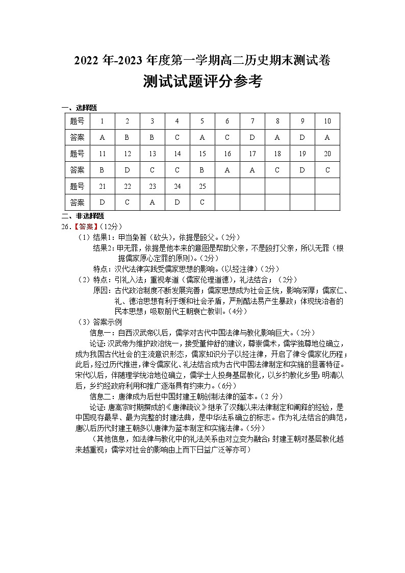 广东省潮州市华侨中学2022-2023学年高二上学期期末模拟历史答案第1页