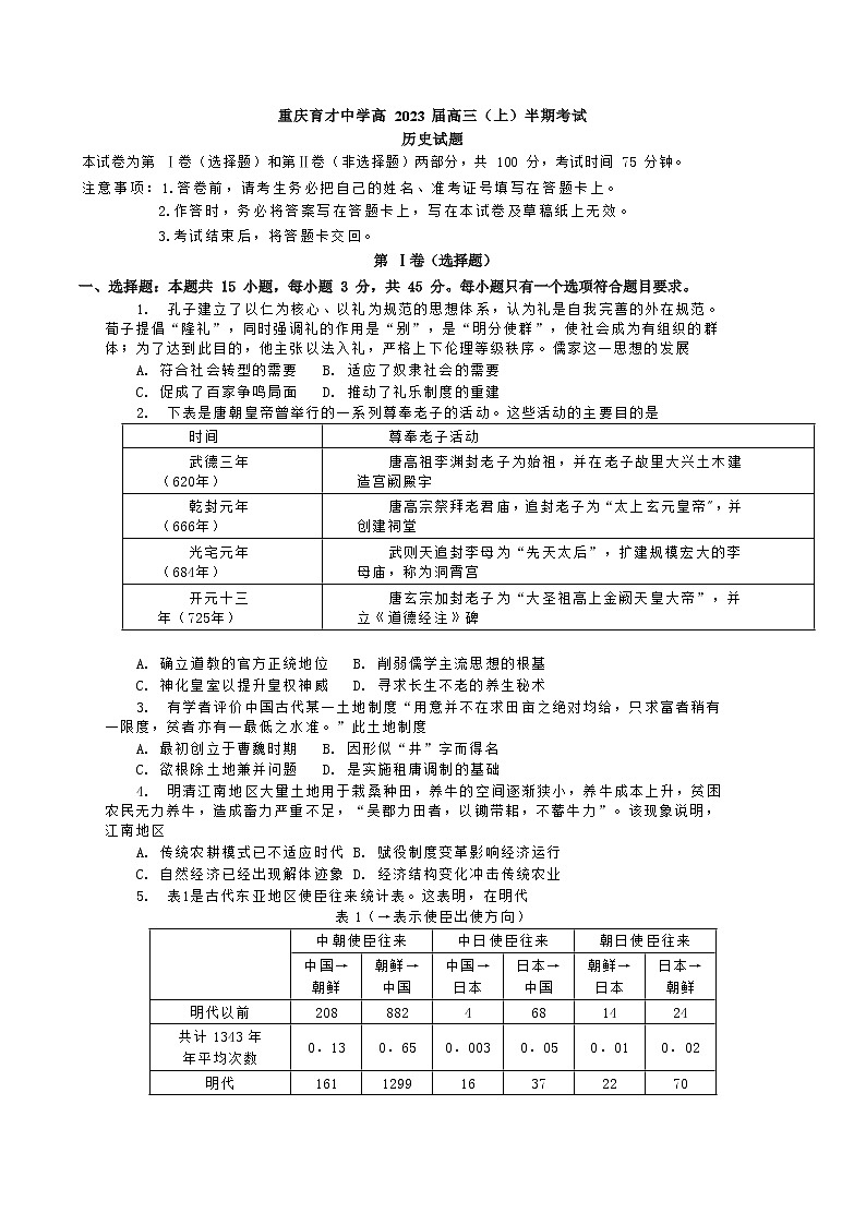 重庆市育才中学校2022-2023学年高三上学期期中考试历史试题第1页