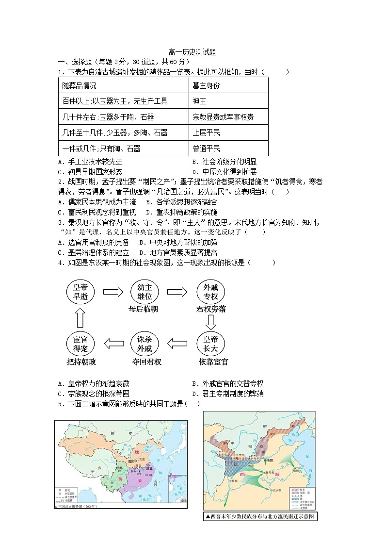 山东省烟台第一中学2022-2023学年高一上学期期末调研历史试题01