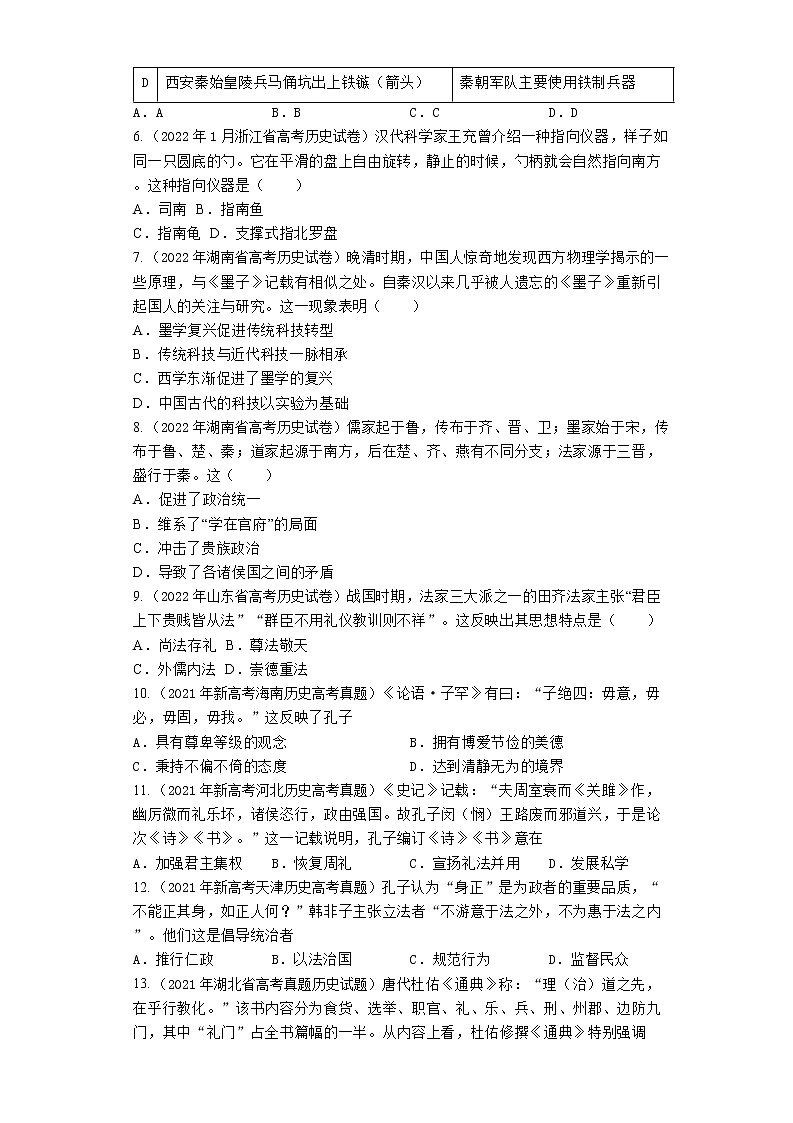 2020-2022年全国各地高考历史真题汇编：诸侯纷争与变法运动02