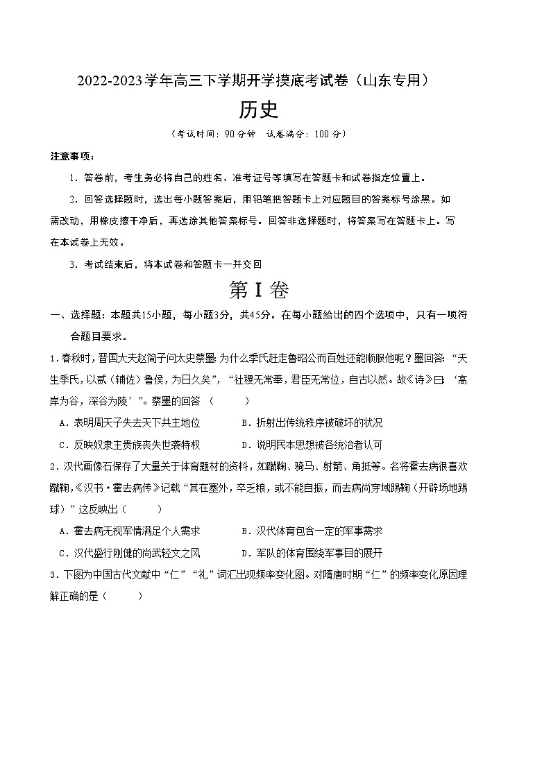 历史-2022-2023学年高三下学期开学摸底考试卷（山东专用）（考试版）A4第1页