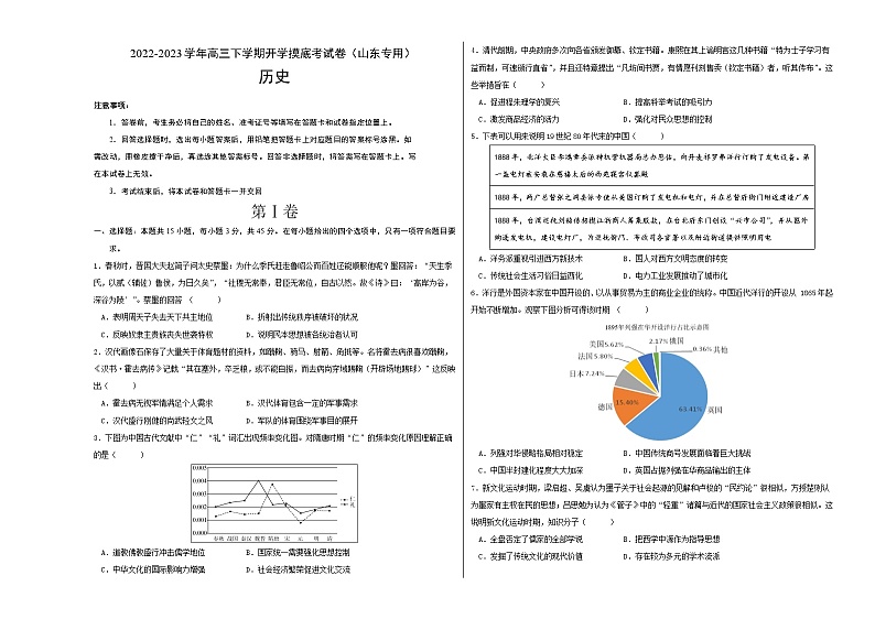 历史-2022-2023学年高三下学期开学摸底考试卷（山东专用）（考试版）A3第1页