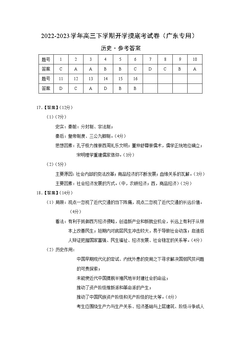历史-2022-2023学年高三下学期开学摸底考试卷（广东专用）（参考答案）第1页