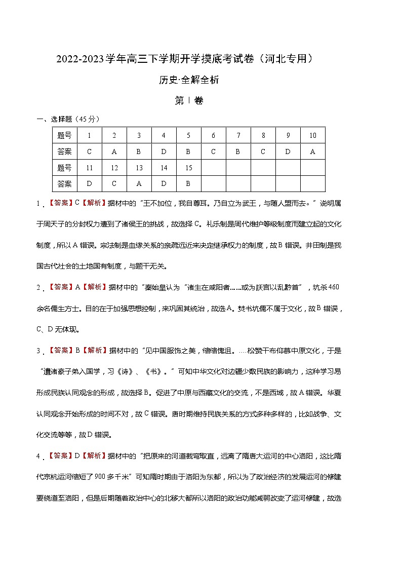 历史-2022-2023学年高三下学期开学摸底考试卷（河北专用）01