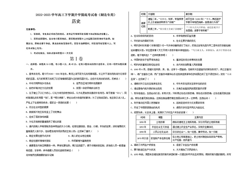 历史-2022-2023学年高三下学期开学摸底考试卷（湖北专用）01