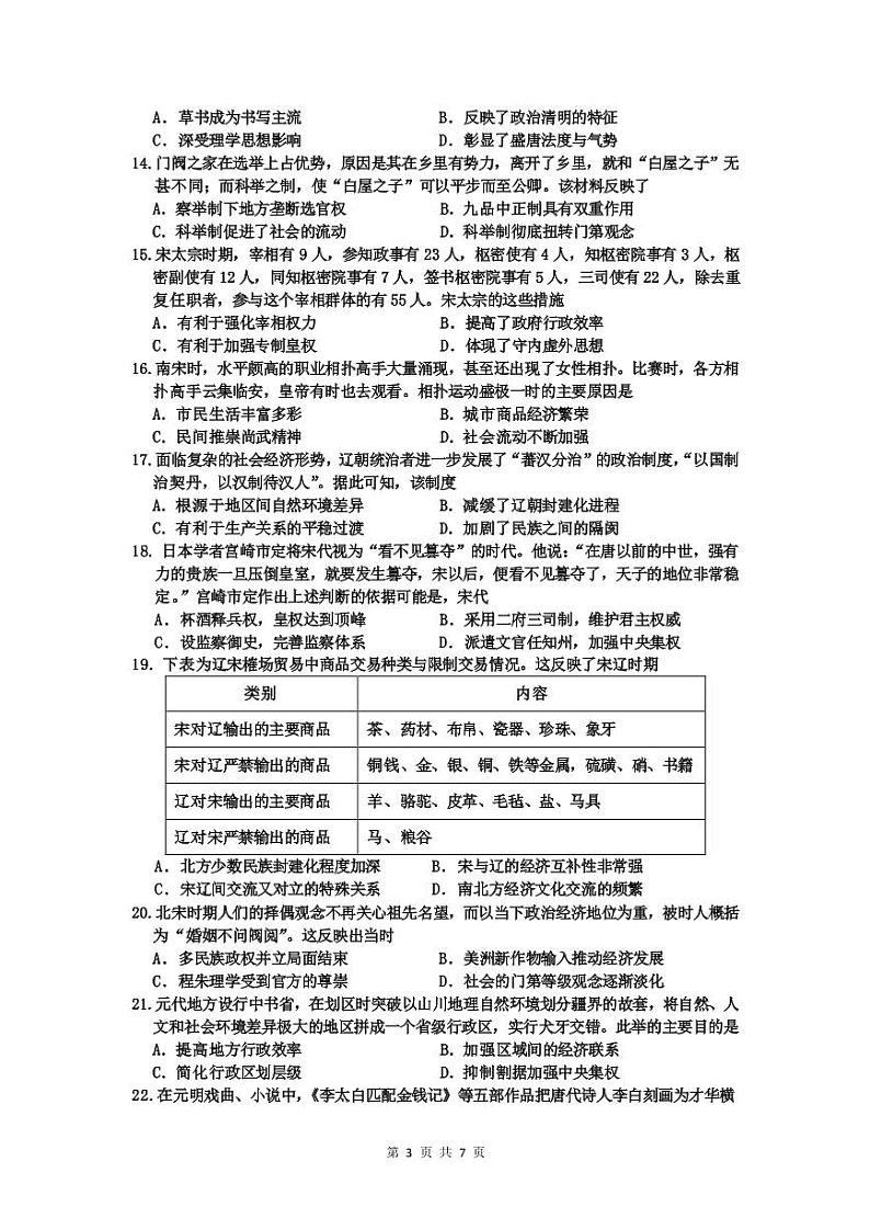 2023重庆实验外国语学校高一上学期1月期末考试历史PDF版无答案03