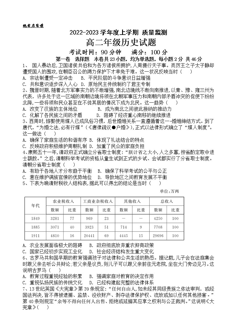 山东省临沂第十九中学2022-2023学年高二上学期线上期末考试历史试题第1页