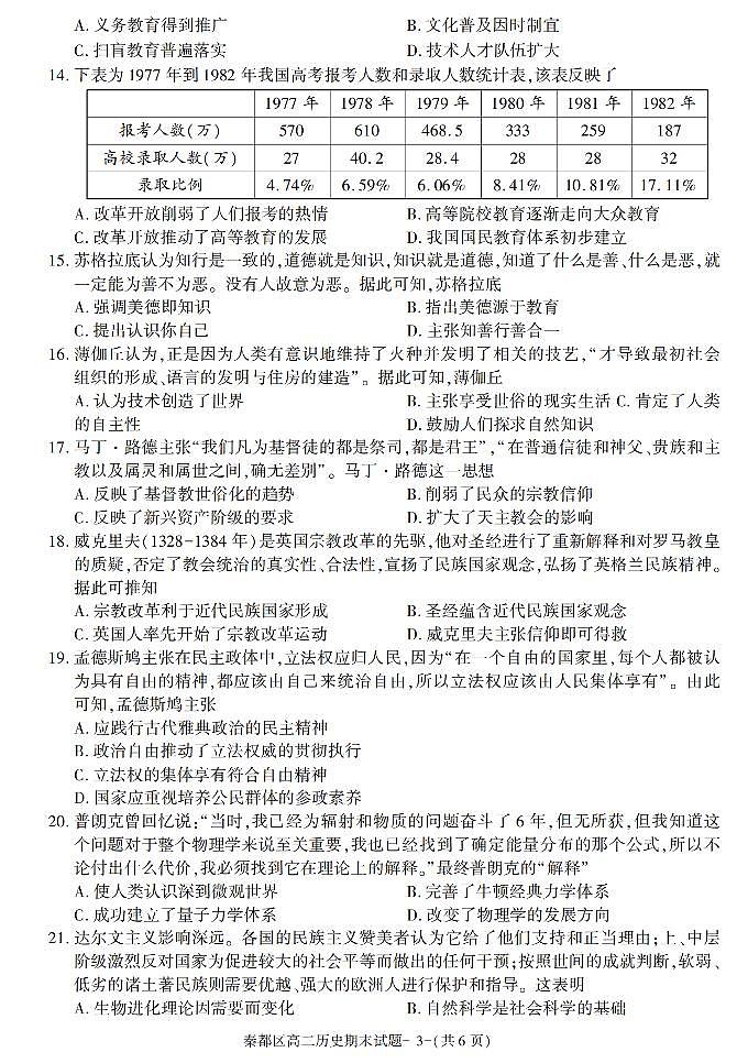 陕西省咸阳市秦都区2021-2022学年高二上学期期末考试历史试题03
