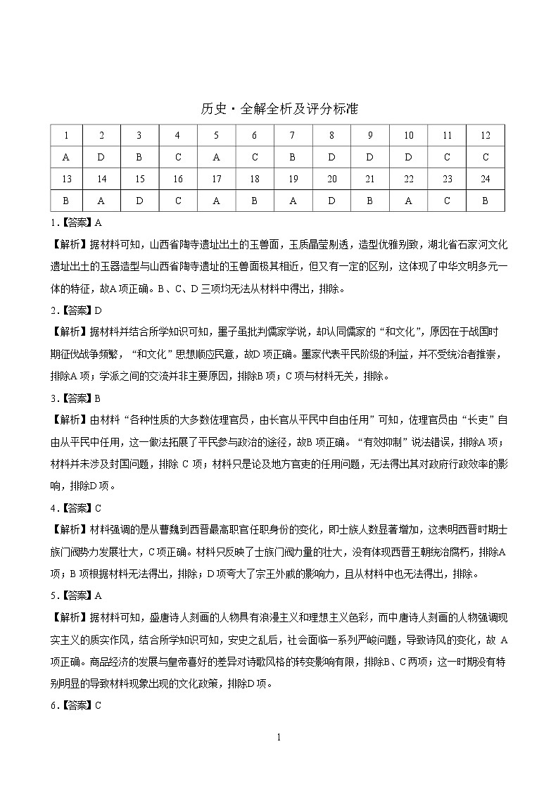 吉林省长春市第五中学2022-2023学年高三上学期期末测试历史试题01