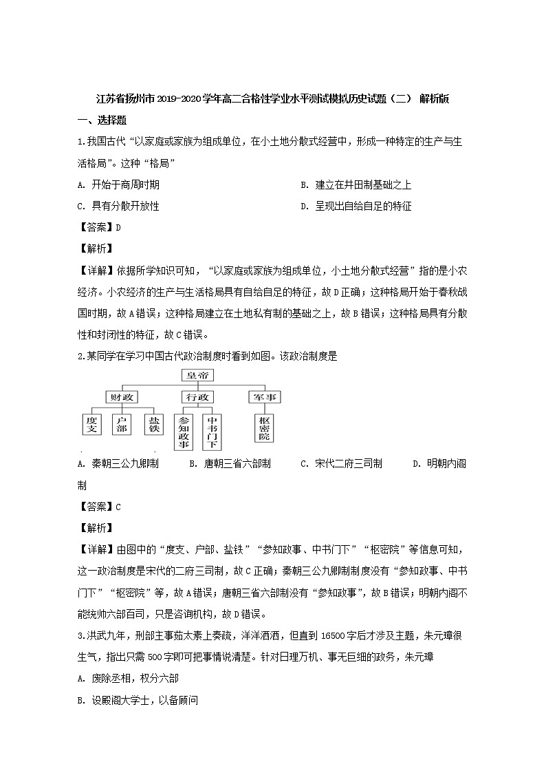 2019-2020学年江苏省扬州市高二合格性学业水平测试模拟历史试题（二） 解析版01