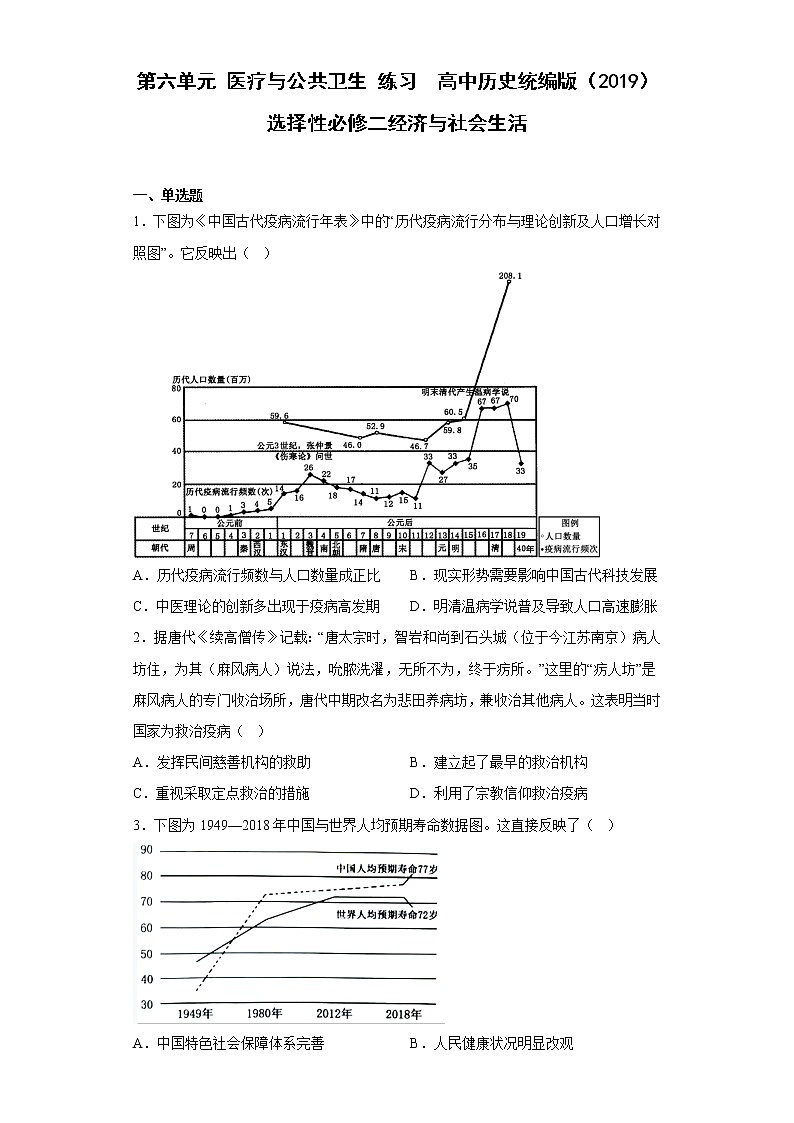 第六单元 医疗与公共卫生 练习--2022-2023学年统编版（2019）高中历史选择性必修2第1页