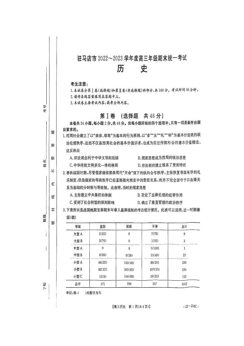 2022--2023学年驻马店市高三（上）期末教学质量检测历史试题与答案第1页