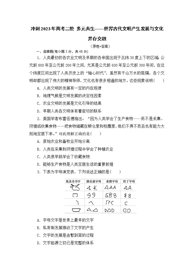 多元共生——世界古代文明产生发展与文化并存交融 训练题--2023届高三历史二轮复习第1页