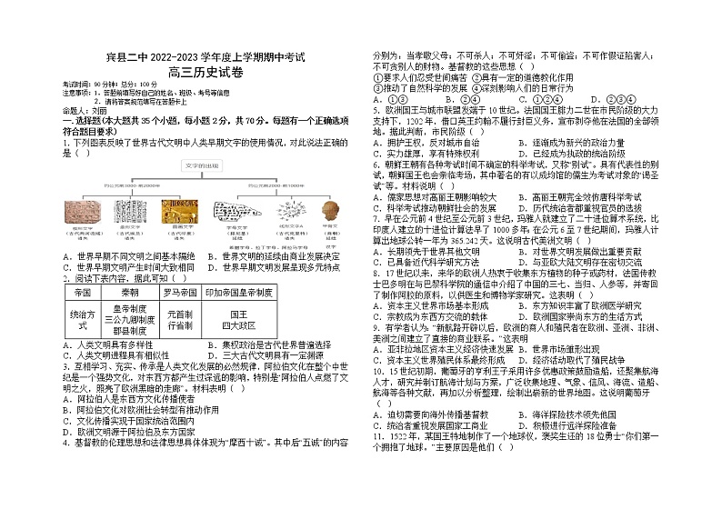 2023届黑龙江省哈尔滨市宾县二中高三上学期期中考试历史试题（Word版）01