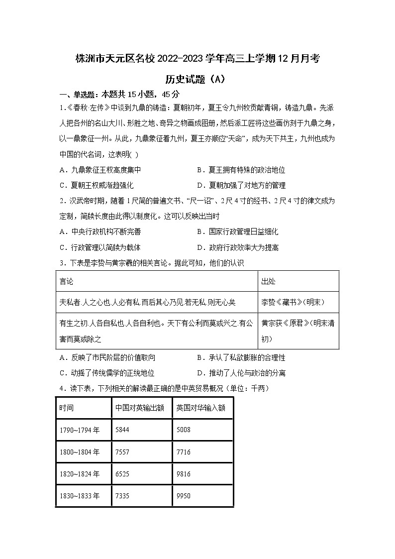 湖南省株洲市天元区名校2023届高三历史上学期12月月考（A）试卷（Word版附答案）01