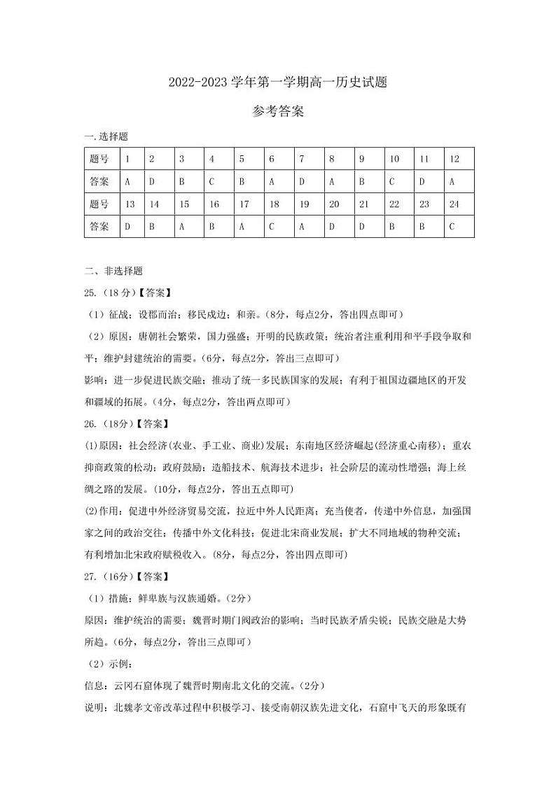 山西省大同市第一中学2022~2023学年高一上学期期中考试历史答案第1页