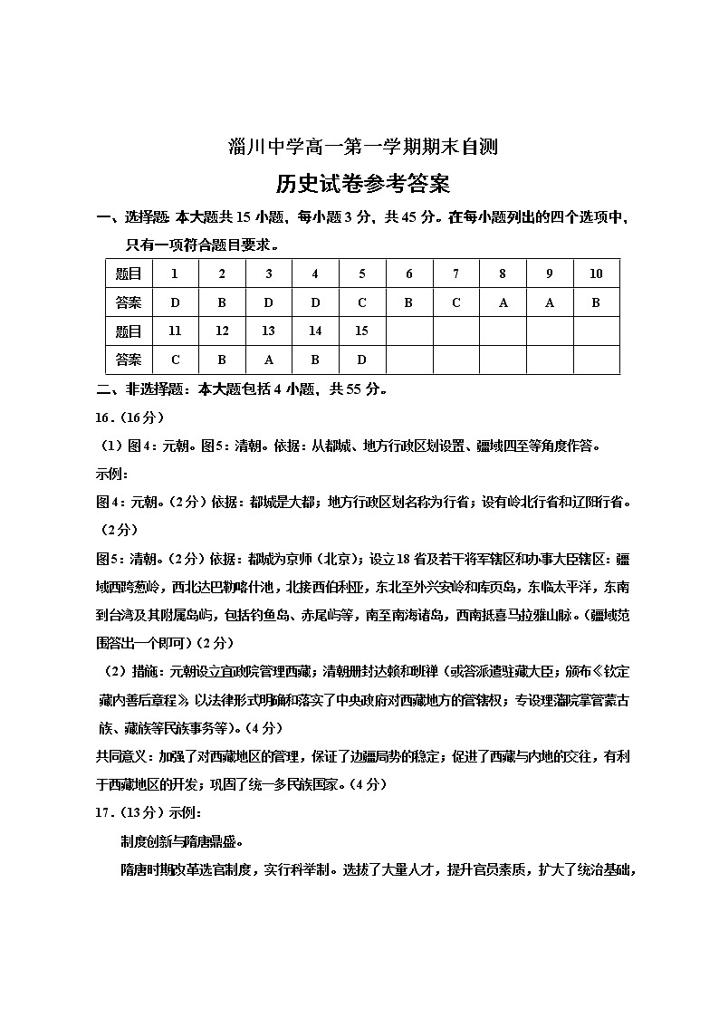 山东省淄博市淄川中学2022-2023学年高一上学期期末学情自测历史试题01