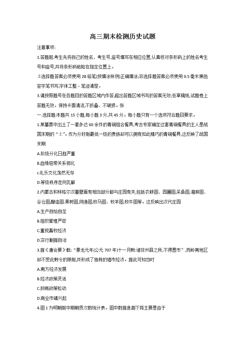 2023济南高三上学期1月期末检测（一模）历史含解析01