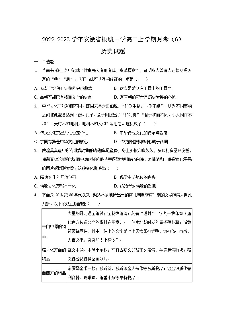2022-2023学年安徽省桐城中学高二上学期月考（6）历史试题（解析版）第1页