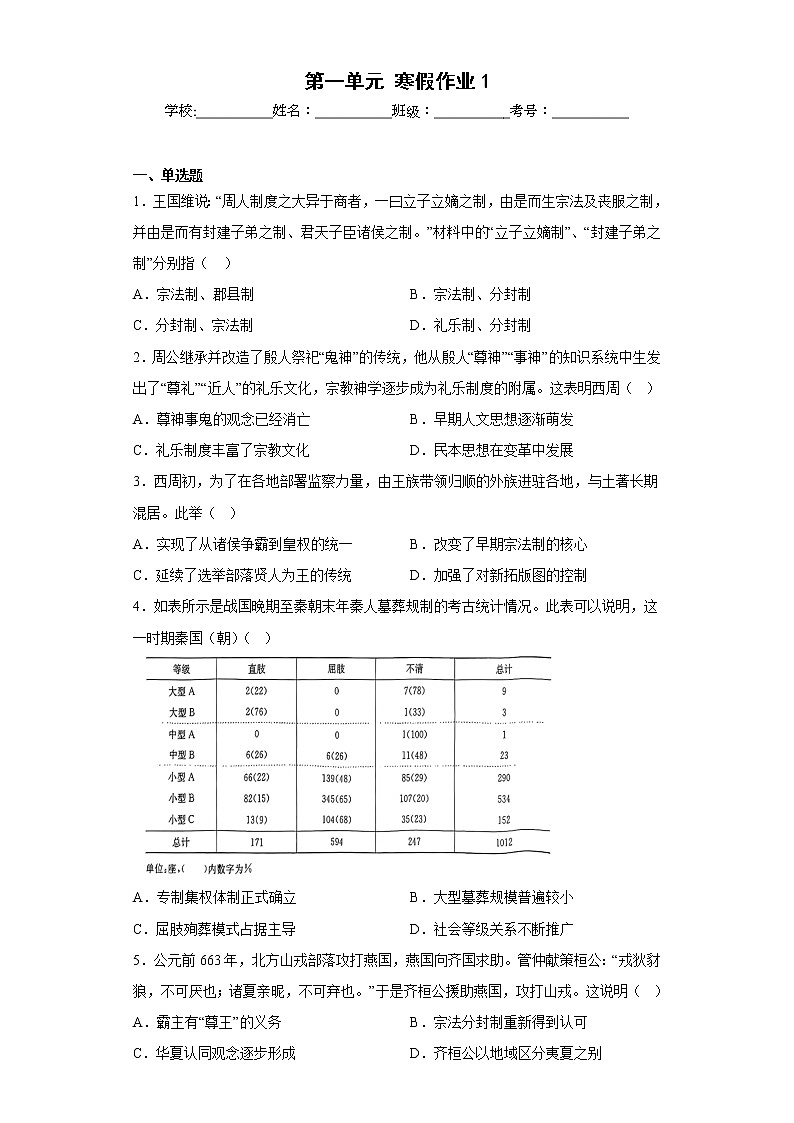 2022-2023学年高一上学期统编版（2019）必修中外历史纲要上第一单元 从中华文明起源到秦汉统一多民族封建国家的建立与巩固 寒假作业第1页