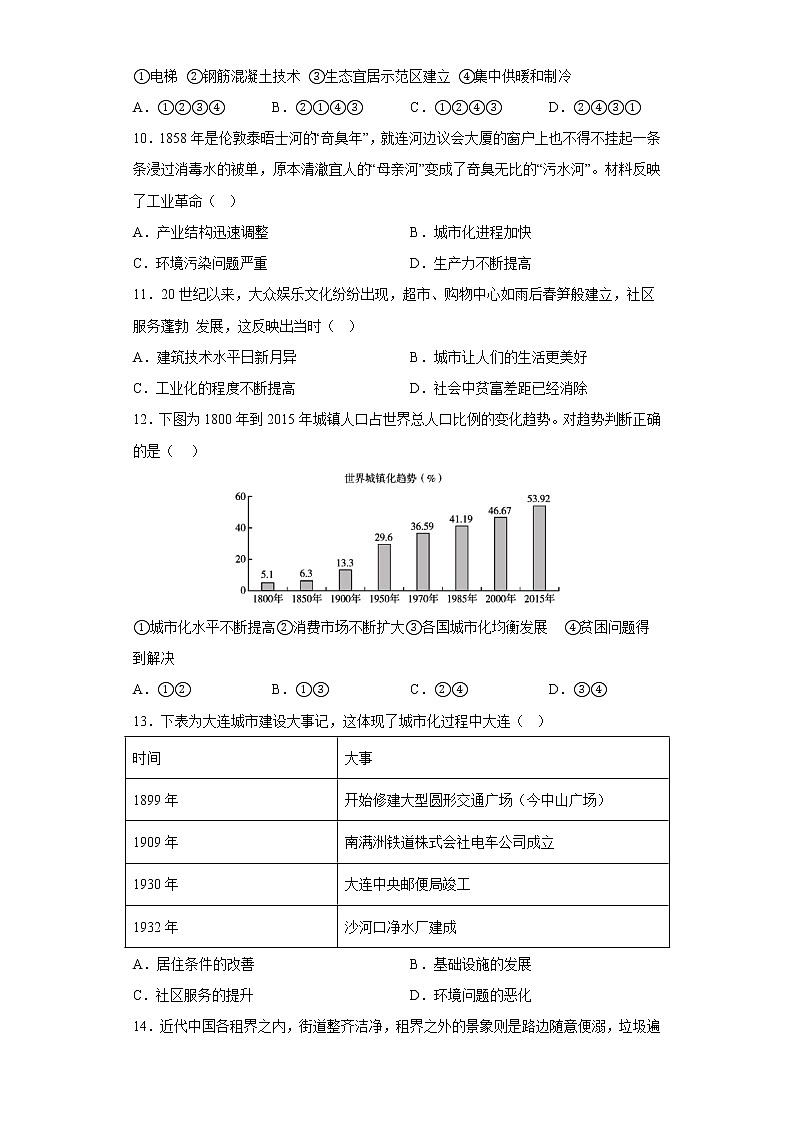 第11课 近代以来的城市化进程 测试卷--2022-2023学年高中历史统编版（2019）选择性必修2经济与社会生活03
