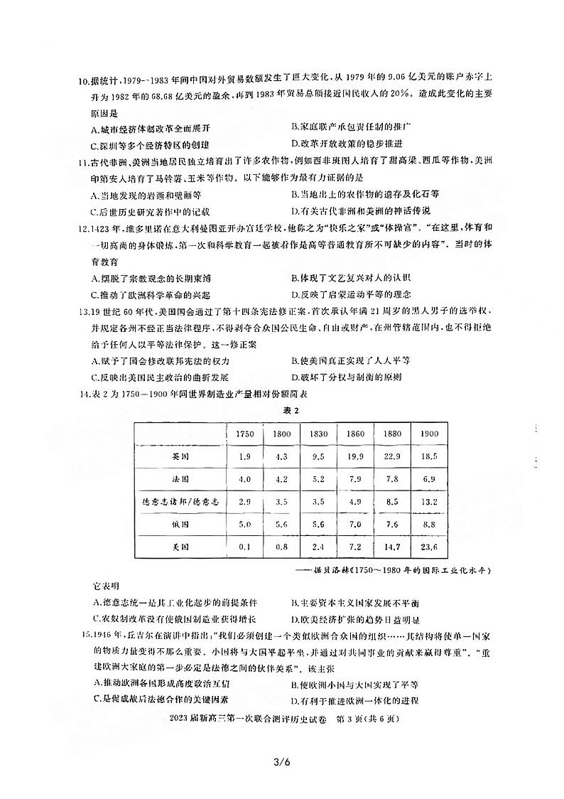 2023湖北新高三摸底百校联考历史试题及答案03