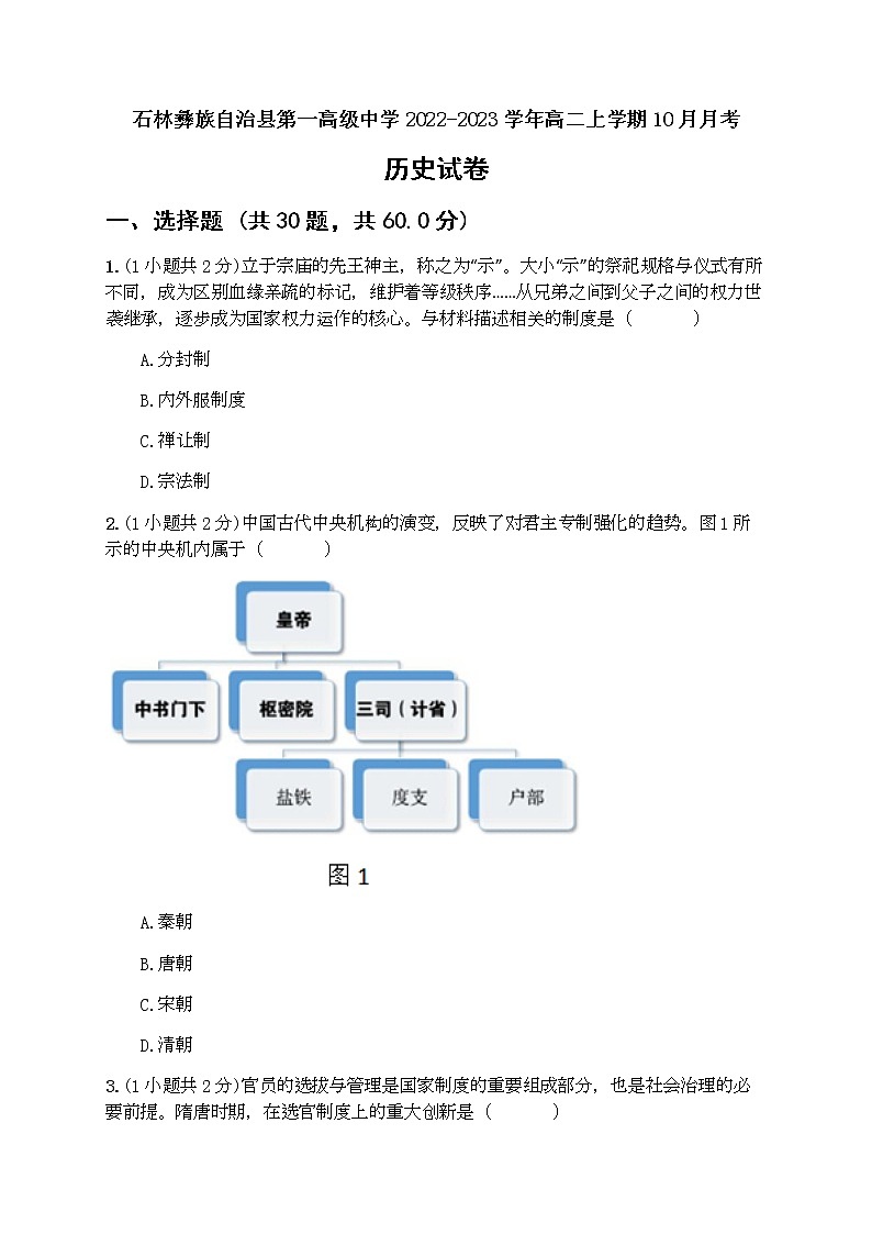 云南省昆明市石林彝族自治县第一高级中学2022-2023学年高二上学期10月月考历史试卷（Word版含答案）01