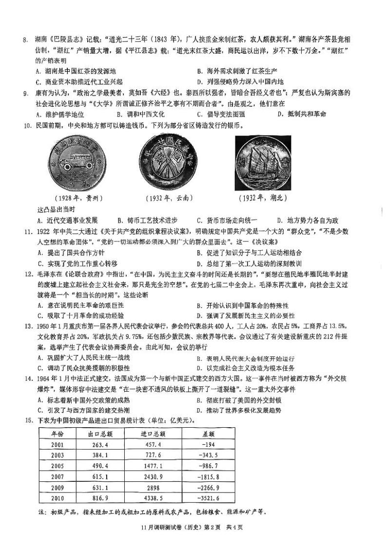 重庆市2022-2023学年普通高中学业水平选择性考试11月调研测试历史试题（PDF版含答案）02