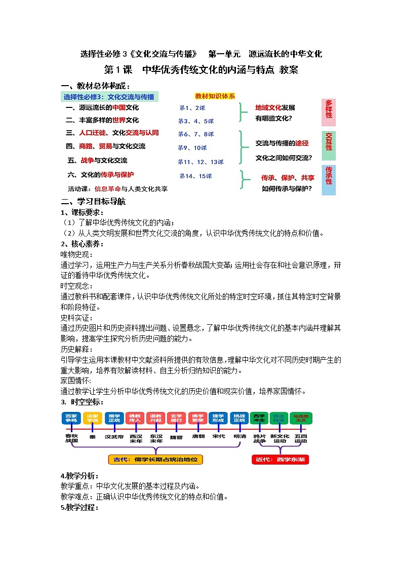 第1课 中华优秀传统文化的内涵与特点 教案--2022-2023学年高中历史统编版（2019）选择性必修三第1页