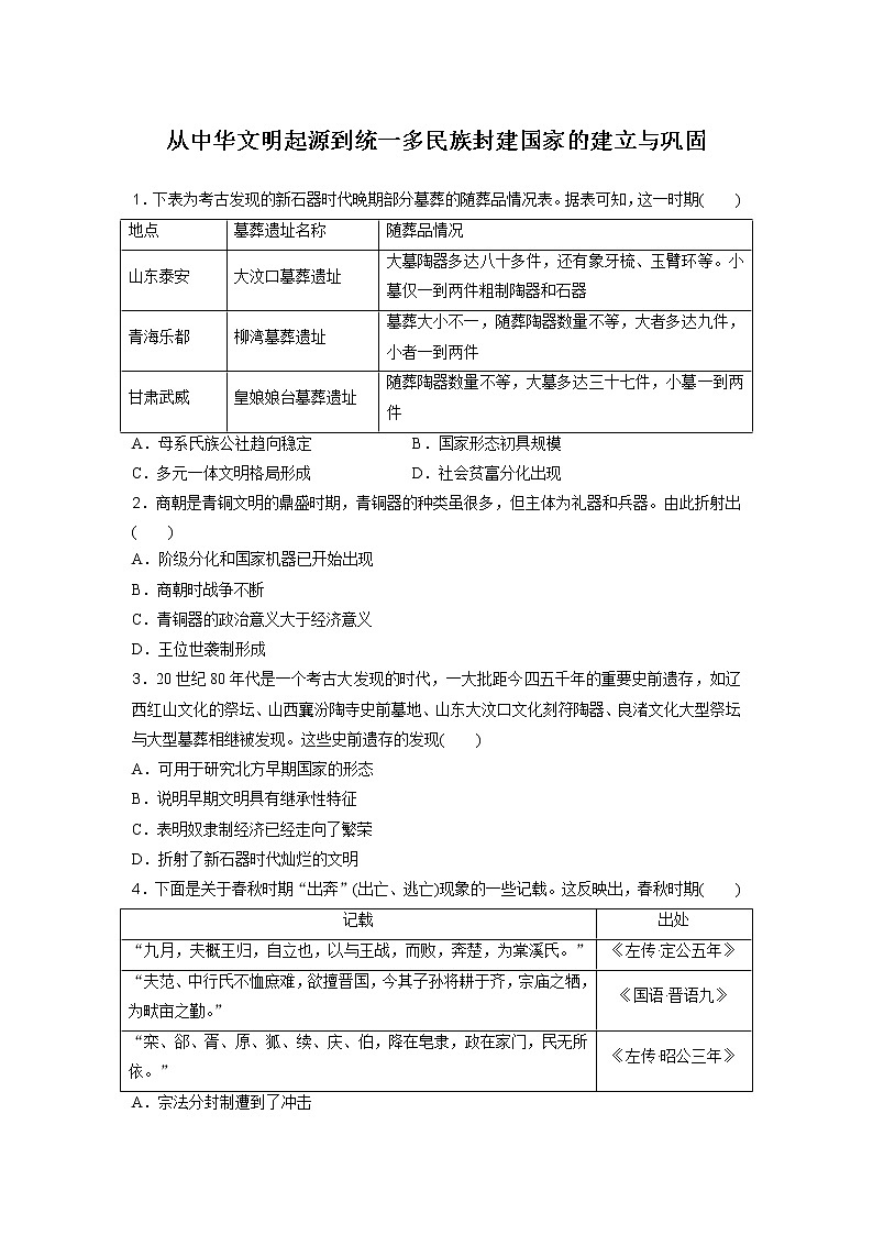 从中华文明起源到统一多民族封建国家的建立与巩固 备考专题练--2023届高三统编版历史二轮复习01