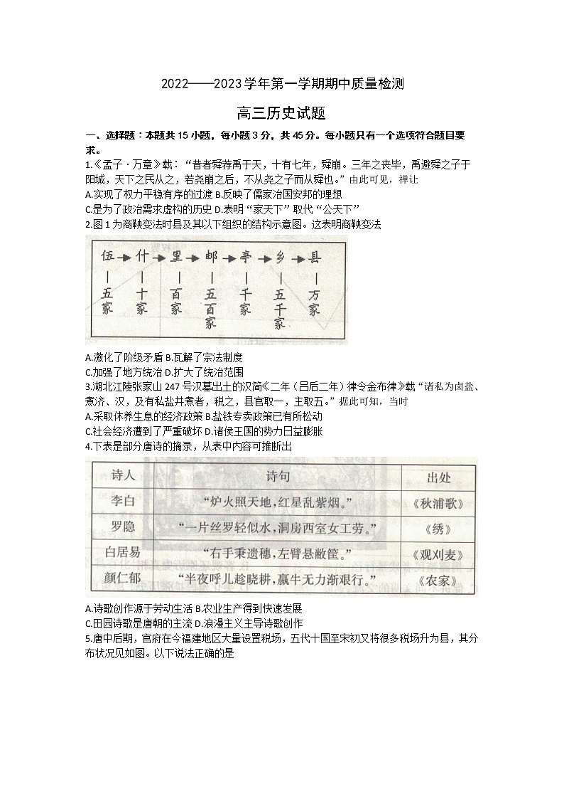2023届山东省济宁市高三上学期期中考试历史试题 word版第1页